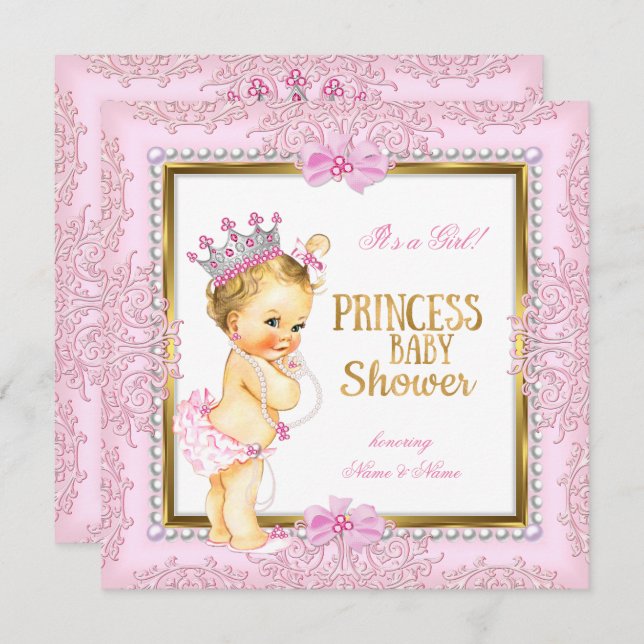 Convites Princesa Chá de fraldas Rosa Dourada Pérolas Lace  (Frente/Verso)