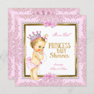 Convites Princesa Chá de fraldas Rosa Dourada Pérolas Lace 