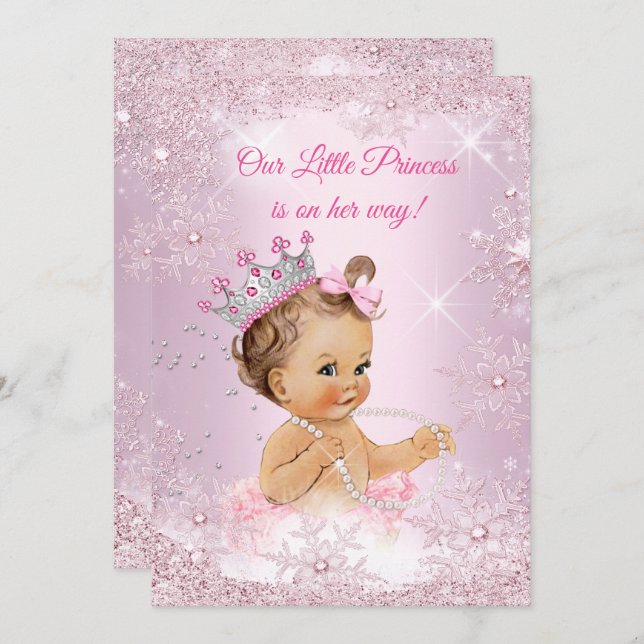 Convites Princesa Chá de fraldas Rosa Floco de Neve Winter (Frente/Verso)