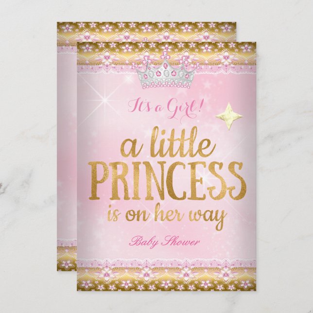 Convites Princesa Chá de fraldas rosa folha de ouro Lace Ti (Frente/Verso)