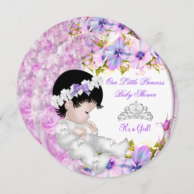 Convites Princesa Chá de fraldas Rosa Púrpura Floral 3a (Frente/Verso)