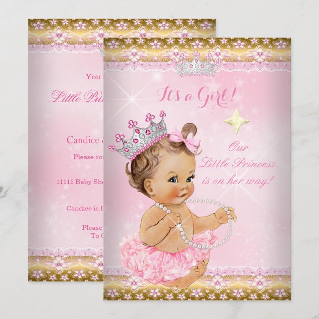 Convites Princesa Chá de fraldas Rosa Tutu Dourado Tiara Br (Frente/Verso)