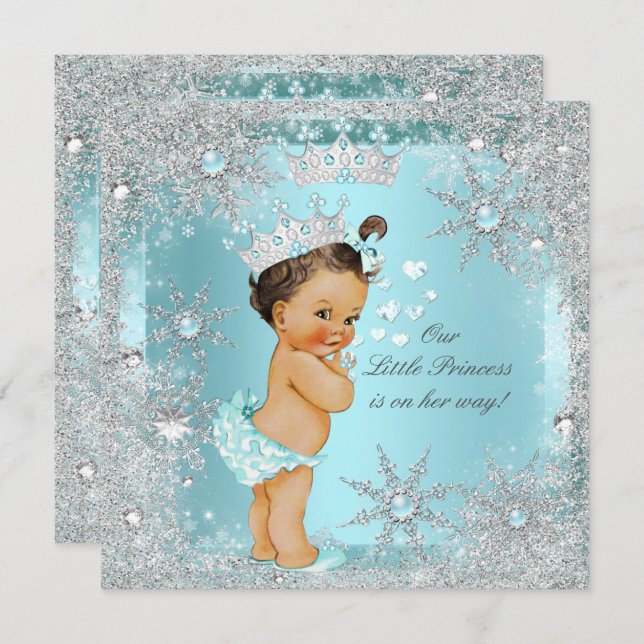 Convites Princesa Chá de fraldas Teal Blue Heart Brunette (Frente/Verso)