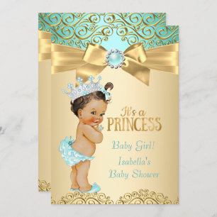 Convites Princesa Chá de fraldas Teal Dourado Damask