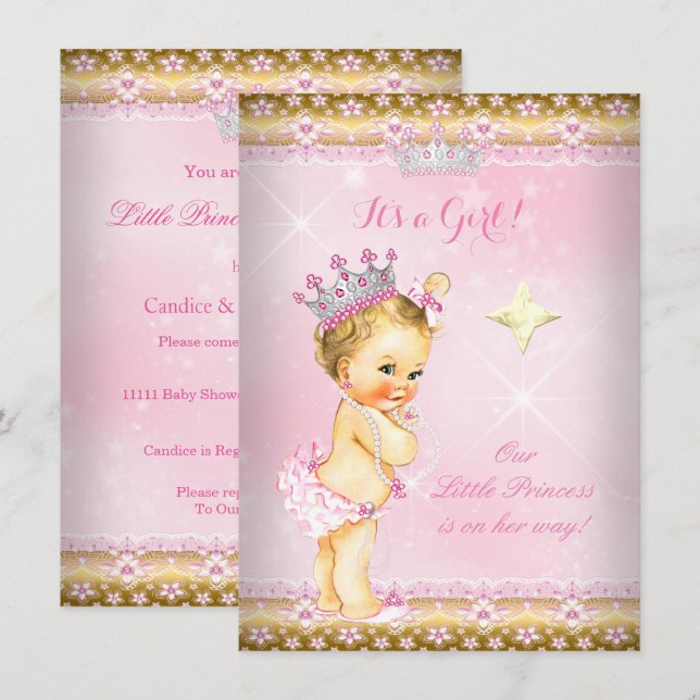 Convites Princesa Chuveiro de Bebê Rosa Dourado Tiara Lace  (Frente/Verso)