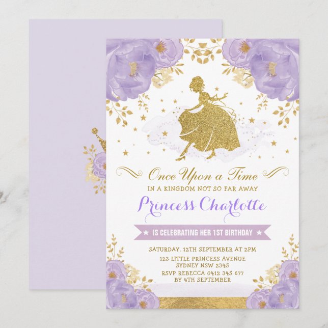 Convites Princesa Cinderella Purple Dourada Floral Birthday (Frente/Verso)