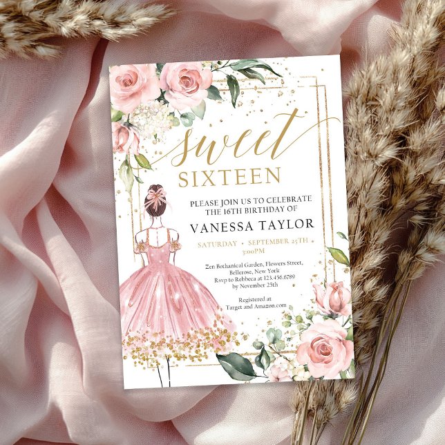 Convites Princesa com vestido cor-de-rosa pincelada armação (Princess with pink dress blush floral gold frame invitation)