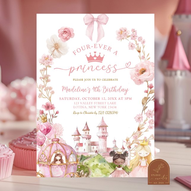 Convites Princesa Coquete de Laço Rosa Reino 4º Aniversário (Criador carregado)