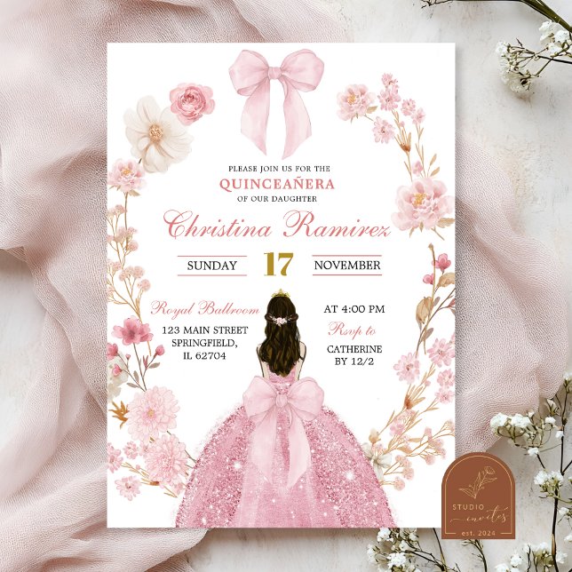 Convites Princesa coquete laço rosa floral Quinceanera (Criador carregado)