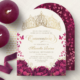 Convites Princesa Crown Burgundy Borboletas Quinceanera