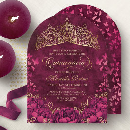 Convites Princesa Crown Burgundy Borboletas Quinceanera