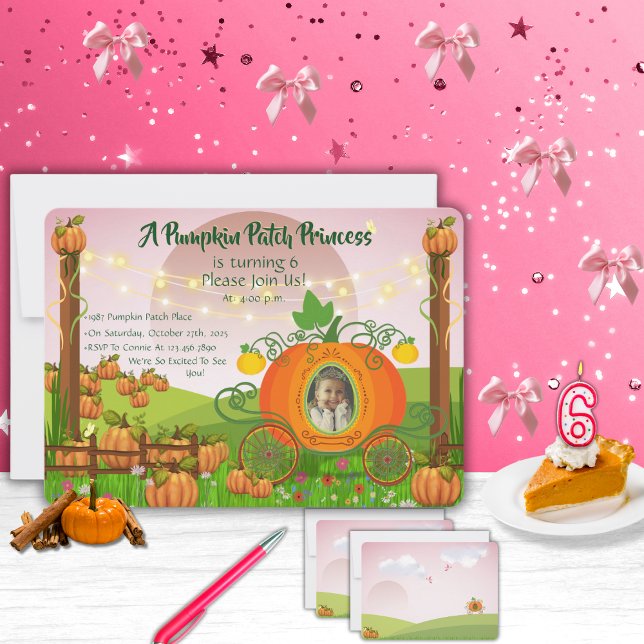 Convites Princesa da Fazenda de Abóbora de Conto de Fadas A (Fall mauve sky and whimsical pumpkin patch personalized photo and text girl's birthday invitations)