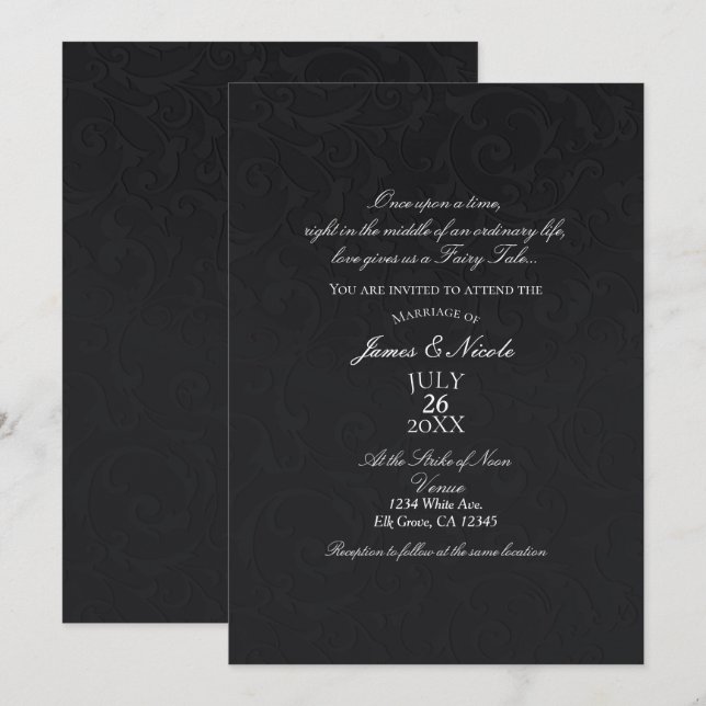 Convites Princesa Damask Preto Conto de Fadas Elegante Casa (Frente/Verso)