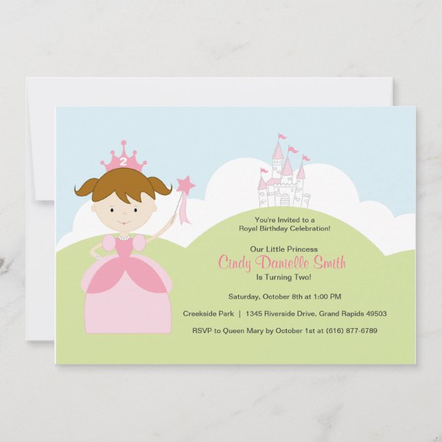 Convites Princesa de aniversário de Cabelo Castanho, de Ros (Frente)