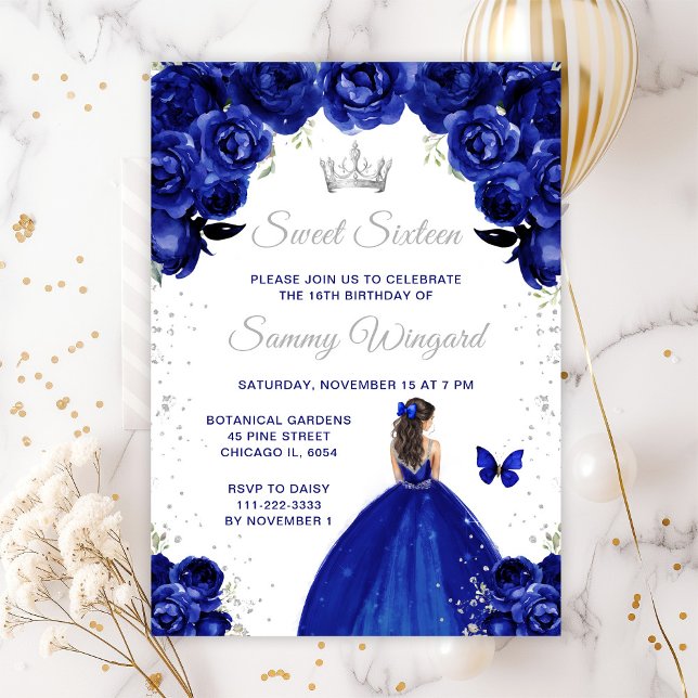 Convites Princesa de Cabelo Castanho Escuro Azul Aniversári (Criador carregado)