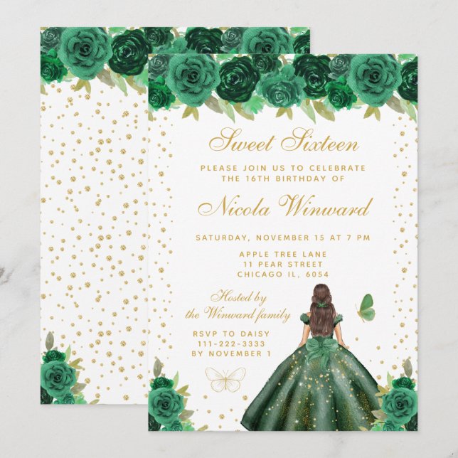 Convites Princesa de Cabelo Castanho Floral Verde Sweet Six (Frente/Verso)