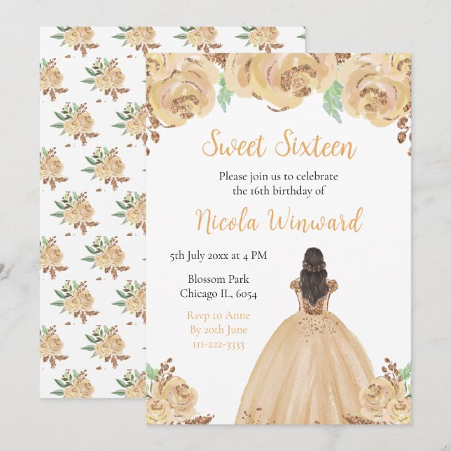 Convites Princesa de Cabelo Castanho Peach Floral Sweet Ses (Frente/Verso)