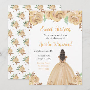 Convites Princesa de Cabelo Castanho Peach Floral Sweet Ses