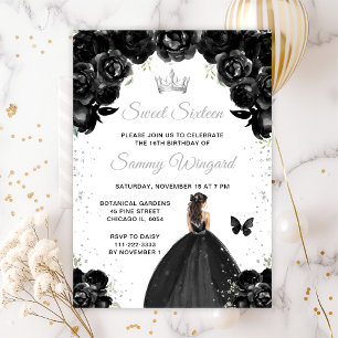 Convites Princesa de Cabelo Castanho Preto Sweet Sixteen