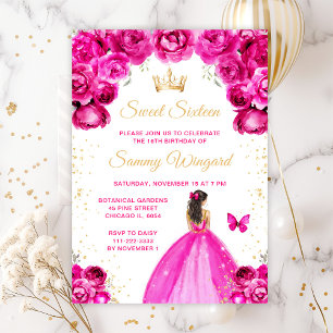 Convites Princesa de Cabelo Castanho Rosa Quente Aniversári