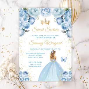Convites Princesa de Cabelo Loiro Azul Claro Sweet Sixteen