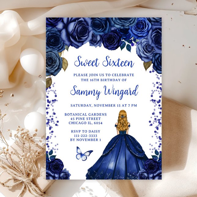 Convites Princesa de Cabelo Loiro Azul Marinho Sweet Sixtee (Criador carregado)