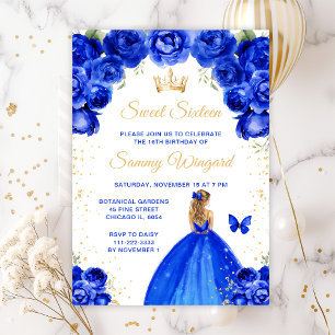 Convites Princesa de Cabelo Loiro Azul Real Sweet Sixteen