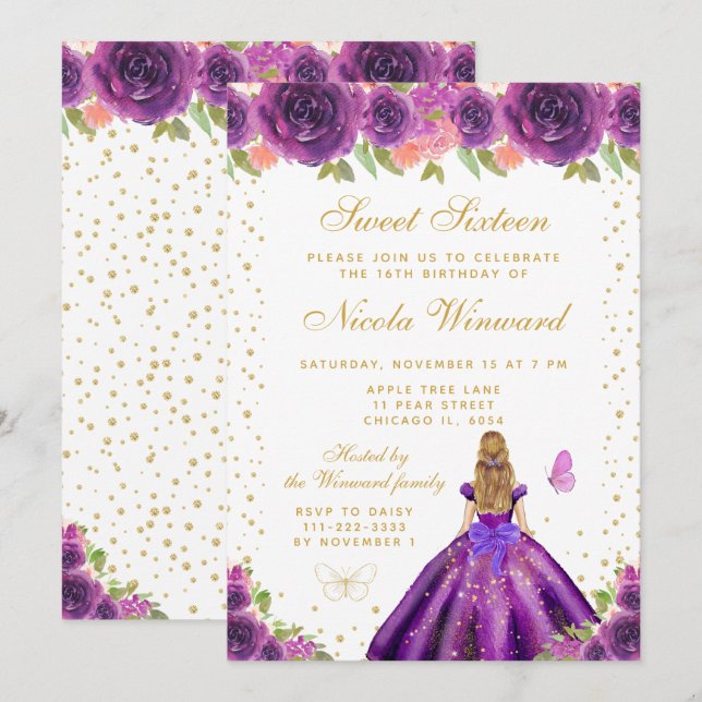 Convites Princesa de Cabelo Loiro com Florais Roxos Sweet S (Frente/Verso)