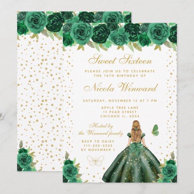 Convites Princesa de Cabelo Loiro Floral Verde Doce Dezesse (Frente/Verso)