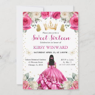 Convites Princesa de Cabelo Preto e Vestido Rosa Doce 16