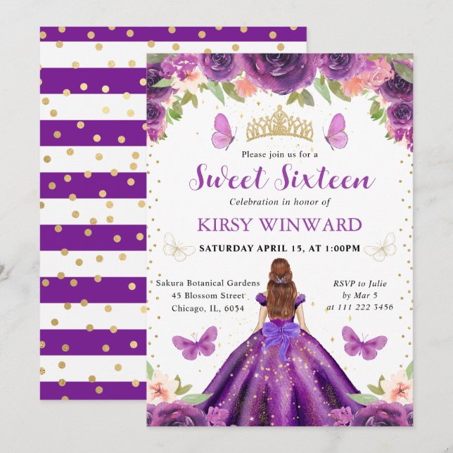 Convites Princesa de Cabelo Vermelho com Vestido Roxo Doce  (Frente/Verso)