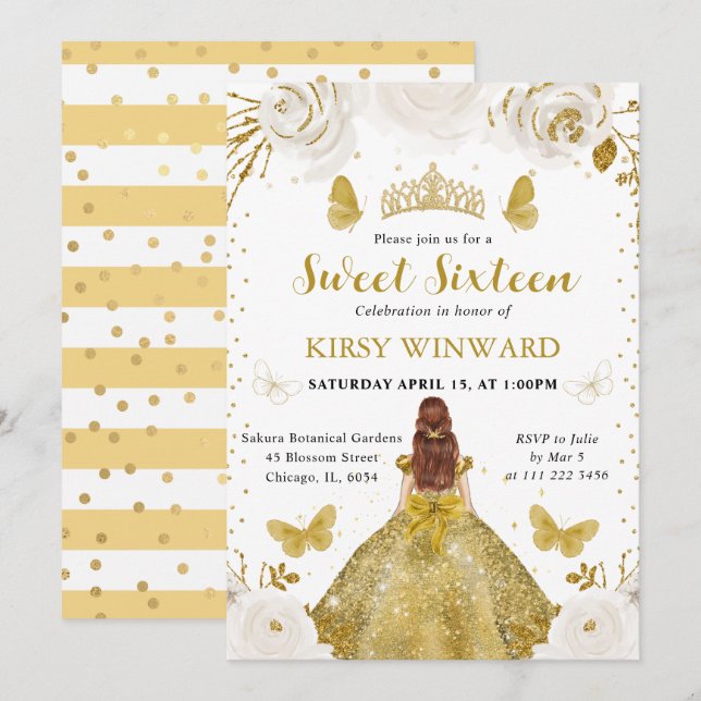 Convites Princesa de Cabelo Vermelho Vestido Dourado Sweet  (Frente/Verso)
