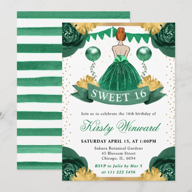 Convites Princesa de Cabelo Vermelho Vestido Verde Sweet 16 (Frente/Verso)