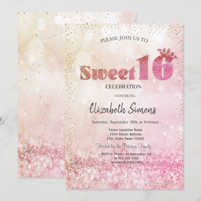 Convites Princesa de Confetes Dourados Bokeh Sweet 16 (Frente/Verso)