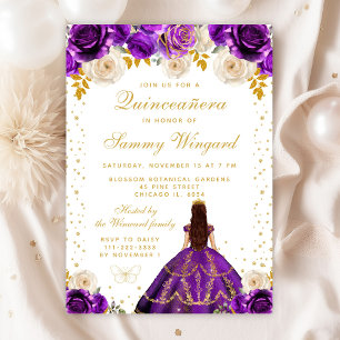 Convites Princesa de Floral Roxa Quinceañera