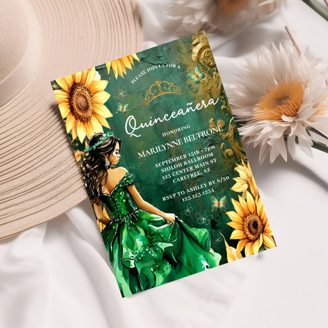 Convites Princesa de Girassol Dourada Verde Quinceañera (Criador carregado)