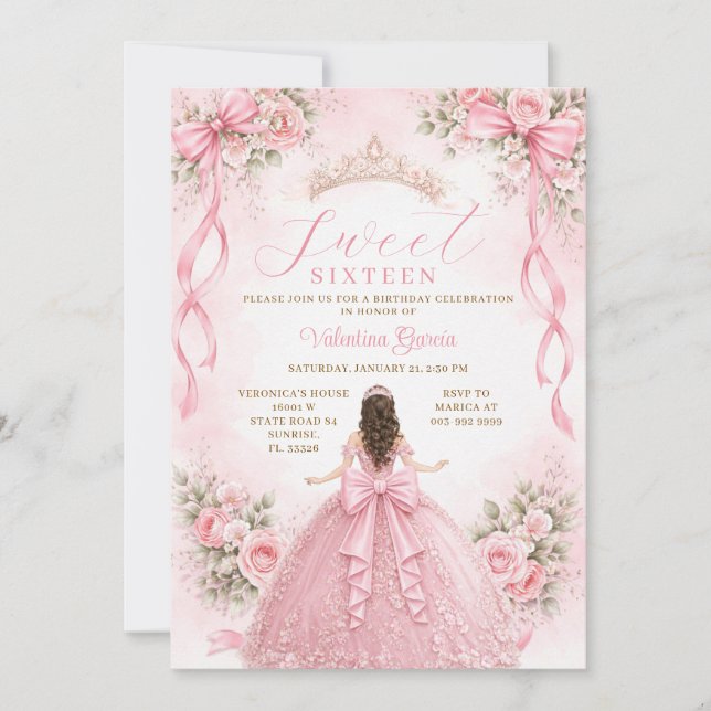 Convites Princesa de Laço Rosa Vestido de Baile Sweet Sixte (Frente)