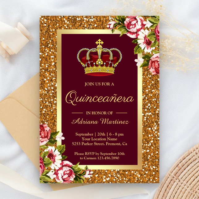 Convites Princesa de Purpura com Brilho Dourado para Quince (Criador carregado)