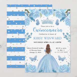 Convites Princesa de Quinze Anos de Vestido Azul Claro e Ca