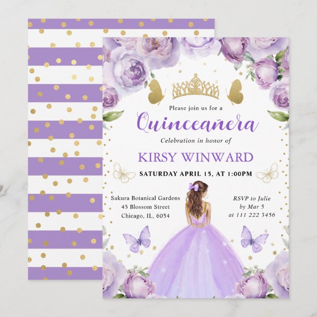 Convites Princesa de Quinze Anos de Vestido Roxo e Cabelo V (Frente/Verso)