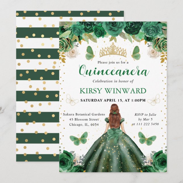Convites Princesa de Quinze Anos de Vestido Verde e Cabelo  (Frente/Verso)