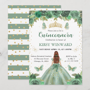 Convites Princesa de Quinze Anos de Vestido Verde e Cabelo