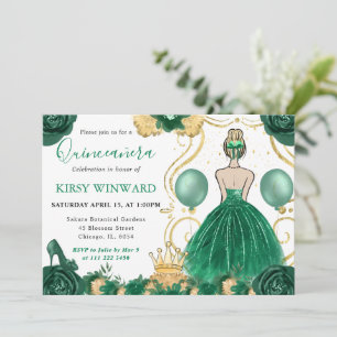 Convites Princesa de Quinze Anos de Vestido Verde e Cabelo