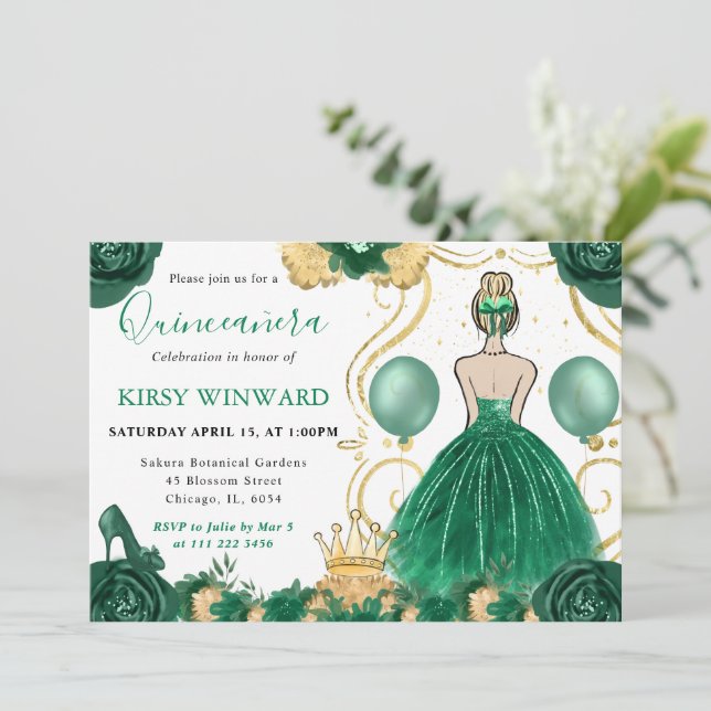 Convites Princesa de Quinze Anos de Vestido Verde e Cabelo  (Em pé/Frente)