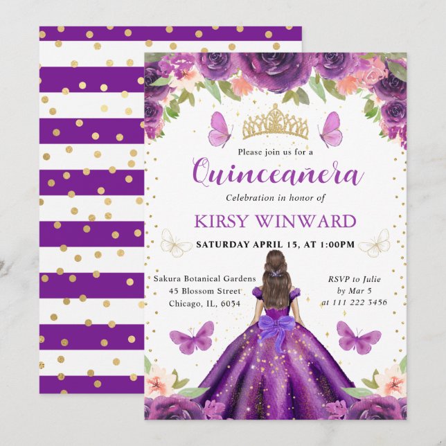 Convites Princesa de Quinze Anos Morena de Vestido Roxo (Frente/Verso)