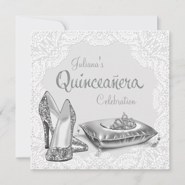 Convites Princesa de Quinze Anos Prateada e Branca (Frente)