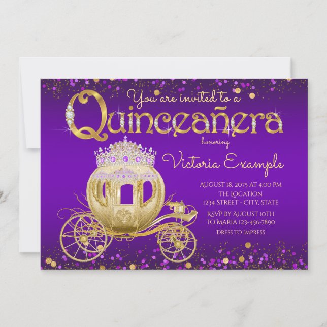 Convites Princesa de Quinze Anos Roxa e Dourada (Frente)