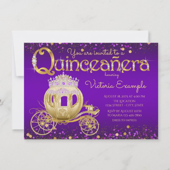 Convites Princesa de Quinze Anos Roxa e Dourada (Frente)