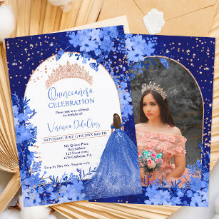 Convites princesa de tiara floral azul rosa Quinceanera