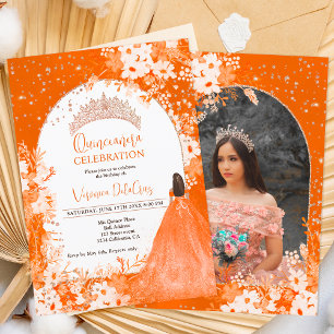 Convites princesa de tiara floral laranja rosa Quinceanera